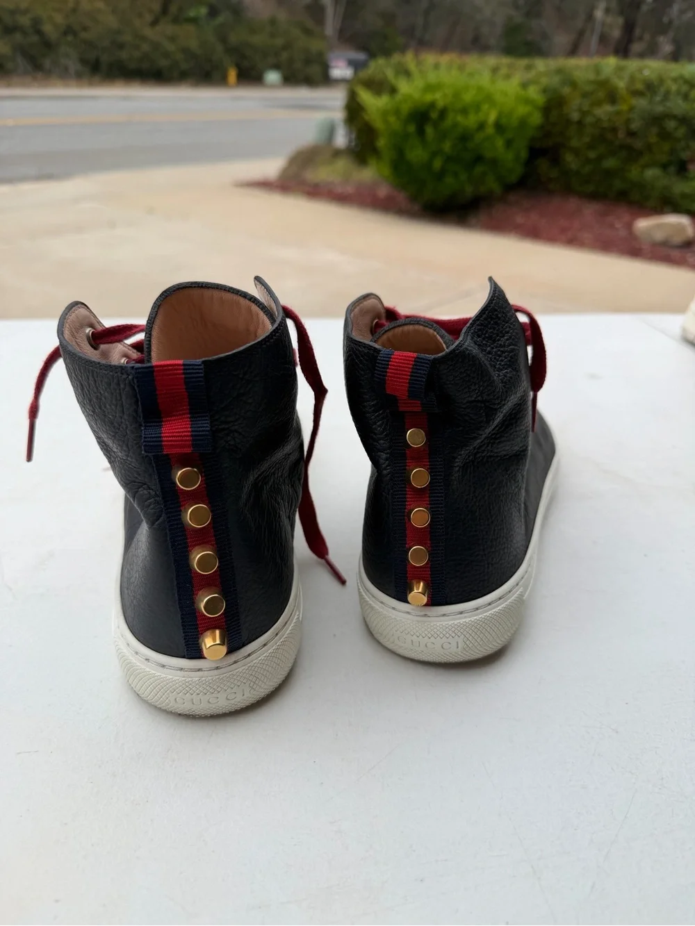Gucci Black Leather High-Top Sneakers with Burgundy Laces and Gold GG